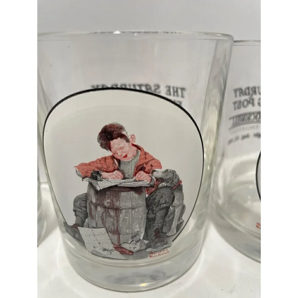 Vintage THE SATURDAY EVENING POST NORMAL ROCKWELL  4 GLASS SET COLLECTION